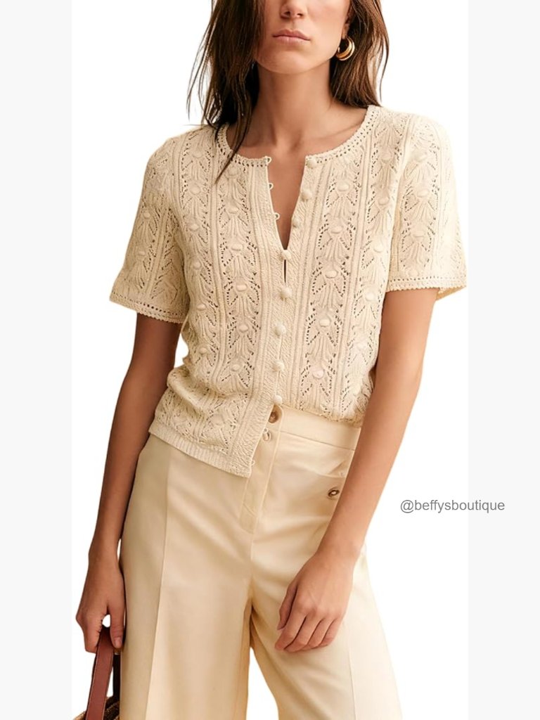 Crochet Knit Cardigan Lightweight Short Sleeve Button Down Hollow Out Sweater